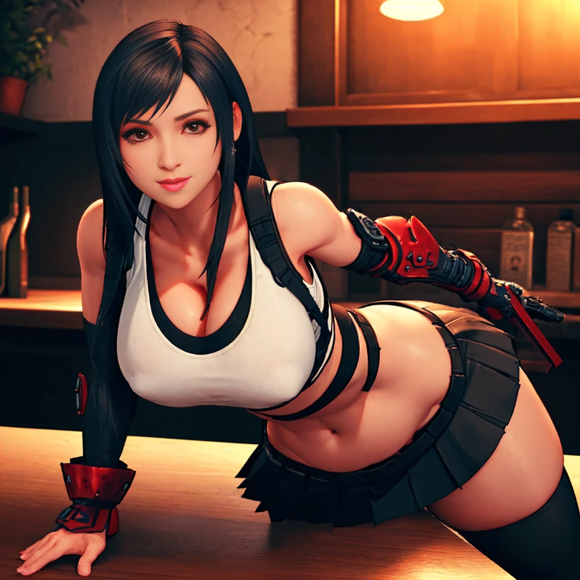 aaa video game, ray tracing, (8k graphics), (best quality), solo, (anime eyes:0.9), curvy female bartender, long straight black hair, face : ((tifa lockhart), smiling, looking at viewer), figure : (very fat breasts, overweight breasts, heavy breasts, thick breasts, slim attractive waist, toned highs, gigantic breasts, pokies), slim and busty  body type,  clothes : (too small, overly-stuffed skintight black sports bra, white tank top, visible cleavage, exposed midriff, pleated black mini skirt, black knee socks, red combat boots) , setting : (dimly lit bar), pose : (leaning against a counter), amazing lighting and shadind detail, intricate shadow,