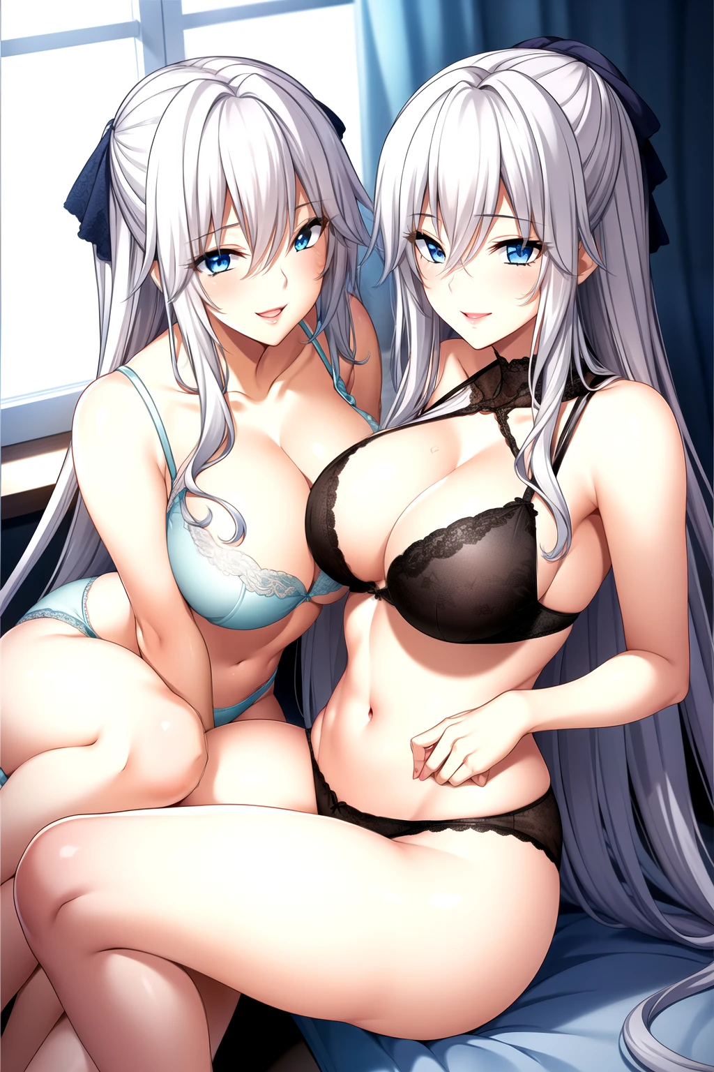 Mother and Daughter，Light滑的皮肤, light blue bra, light blue lace, light blue underwear,Full body pictures, White hair,blue Eye,Long hair, 1 girl, 25 years old,Young women,beautiful Finger,beautiful long legs,beautiful body,beautiful Nose,beautiful character design, perfect Eye, perfect Face,expressive Eye,Perfect balance, Looking at the audience,(Focus on her Face),Residence, (Innocent_Big goals_Eye:1.0),Light_Smile, Official Art,Very detailed CG unity 8k wallpaper, Perfect lighting,rich and colorful, bright_front_Face_Lighting,Light skin, (masterpiece:1.0),(the best_quality:1.0), Ultra-high resolution,4K,Very detailed, photography, 8K, Human Development Report, high resolution, absurdist:1.2, Kodak Portrait 400, Film Grain, Blurred background, Bokeh:1.2, Lens Light Halo, (Energetic_color:1.2),专业photography师, (beautiful,Chest:1.3 (beautiful_Face:1.5),(narrow_waist),Smile, Happy, light blue bra，Slim