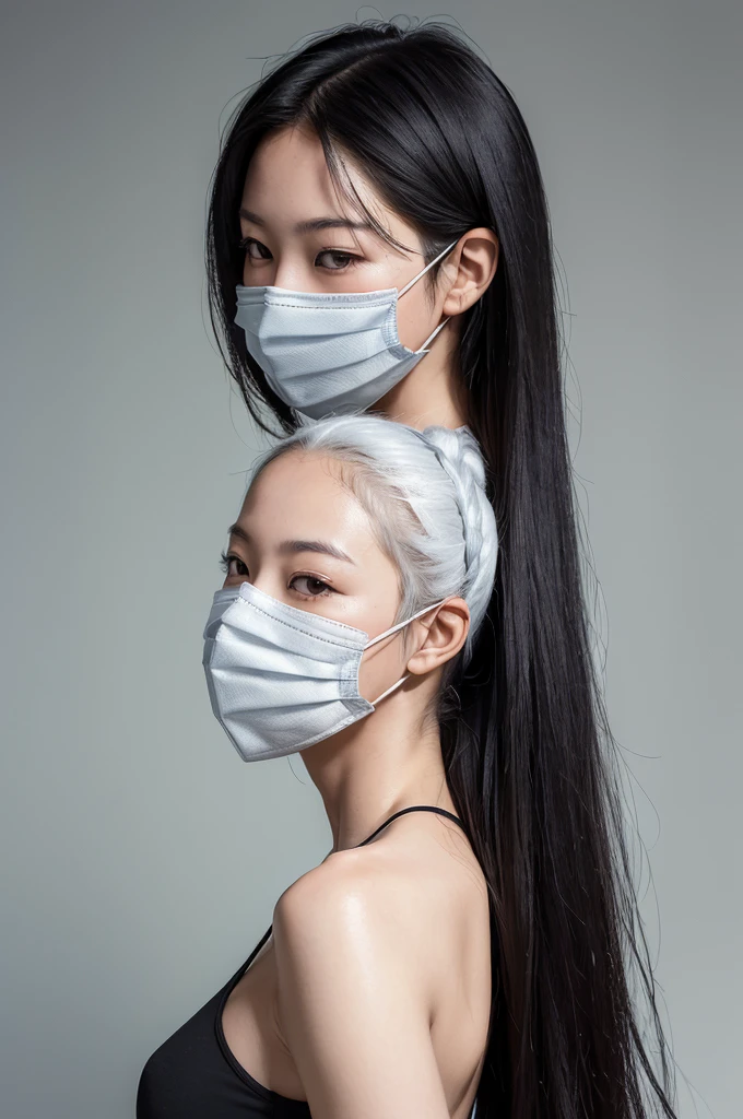 (masterpiece:1.3), (Photorealistic, Raw photo, Highest quality: 1.4), Skinny Japanese woman, 30 years old, (One Girl), (Back view), ((The face is hidden by hair)), ((Wearing a mask over his mouth)), Not looking at me, (Black-haired, Long Hair:1.3), (Realistic Skin), (Silver Camisole), Ultra-high resolution, Surreal, High definition,