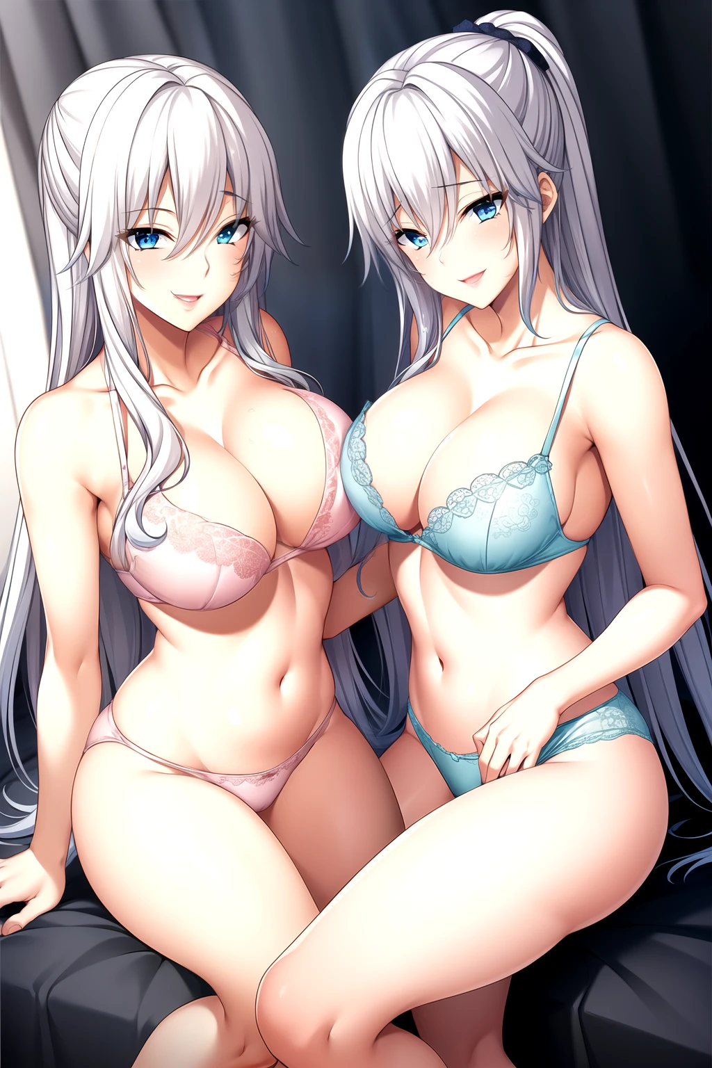 Mother and Daughter，Light滑的皮肤, light blue bra, light blue lace, light blue underwear,Full body pictures, White hair,blue Eye,Long hair, 1 girl, 25 years old,Young women,beautiful Finger,beautiful long legs,beautiful body,beautiful Nose,beautiful character design, perfect Eye, perfect Face,expressive Eye,Perfect balance, Looking at the audience,(Focus on her Face),Residence, (Innocent_Big goals_Eye:1.0),Light_Smile, Official Art,Very detailed CG unity 8k wallpaper, Perfect lighting,rich and colorful, bright_front_Face_Lighting,Light skin, (masterpiece:1.0),(the best_quality:1.0), Ultra-high resolution,4K,Very detailed, photography, 8K, Human Development Report, high resolution, absurdist:1.2, Kodak Portrait 400, Film Grain, Blurred background, Bokeh:1.2, Lens Light Halo, (Energetic_color:1.2),专业photography师, (beautiful,Chest:1.3 (beautiful_Face:1.5),(narrow_waist),Smile, Happy, light blue bra，Slim