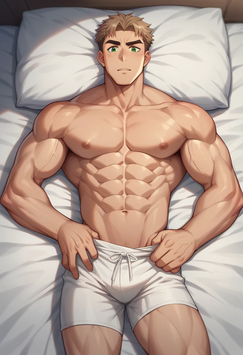 he has an oval face with green eyes, thin lips and a watery nose, he has light brown hair, fine eyebrows, a different physique with round shoulders, large strong arms, a broad and powerful chest, abs of steel and long and muscular legs, yes found at home in front of his bed