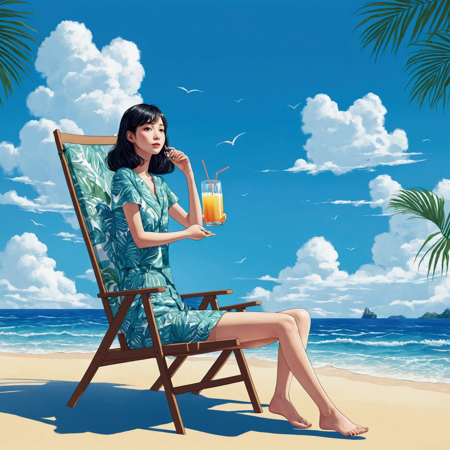 blue sky,Baiyun,Ocean,Tropical Juice,vacation,Girl,An illustration,Sitting on a chair, front view