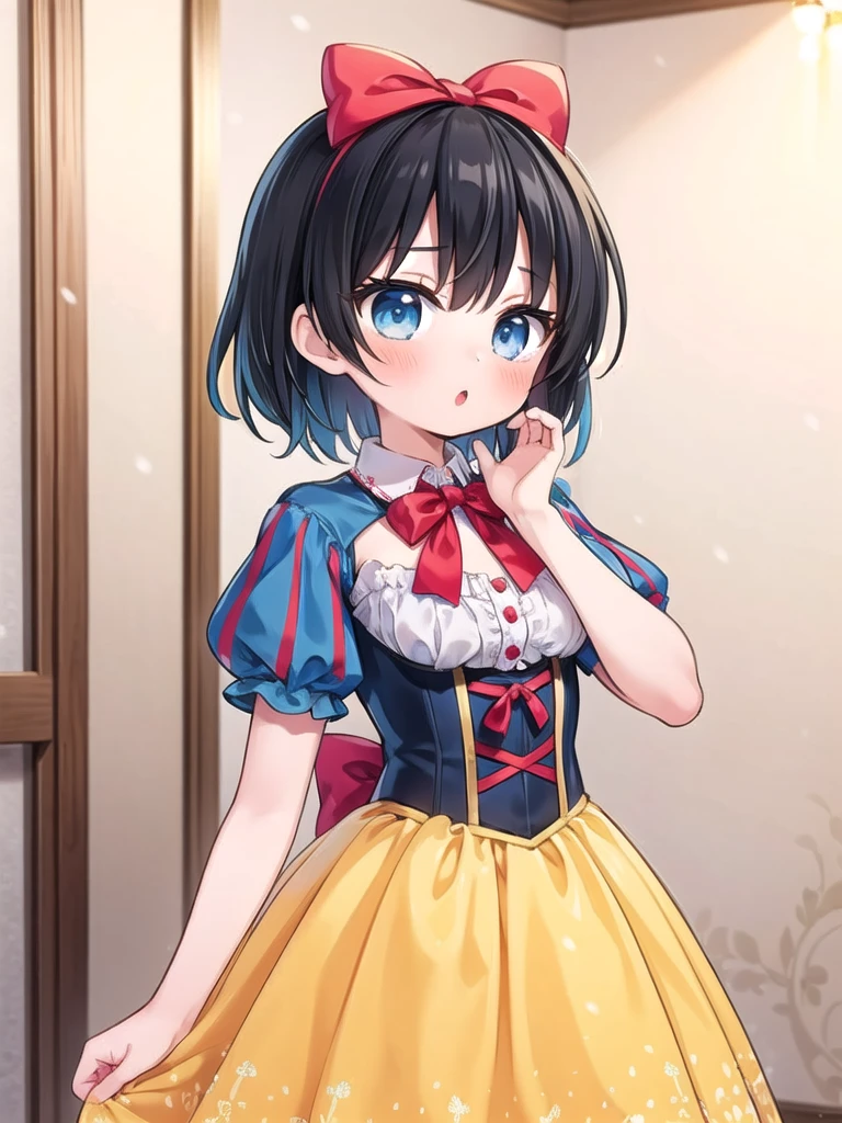 1girl, masterpiece, best quality, perfect hands, black hair, short hair, snow white, detailed dress, red bow, yellow skirt, long skirt, tight blue corset, yellow dress, puffy short sleeves, blue eyes, :o, blush, cowboy shot