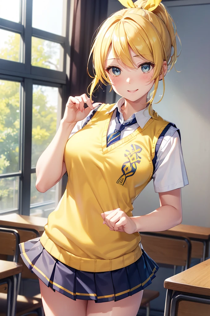 Eri Aase, catalyst, Yellow Hair, blue eyes, ponytail, Hair Ribbon, break otonokizaka , pleated skirt, Large green ribbon tie, Short sleeve, skirt, Summer clothes, Sweater vest, (yellow Sweater vest:1.5), break looking at viewer, break indoors, classroom, break (masterpiece:1.2), Highest quality, High resolution, unity 8k wallpaper, (figure:0.8), (Beautiful attention to detail:1.6), (Perfect hands, Perfect Anatomy), Highly detailed face, Perfect lighting, Highly detailed CG, (Perfect hands, Perfect Anatomy), , (3D Face:1.1), (Shiny skin:1.5), (超High resolution intricate face details), (Facial skin pores:1.3), 超High resolution cloth texture, Big smile、Blushing、Open your mouth, Showing off her perfect legs