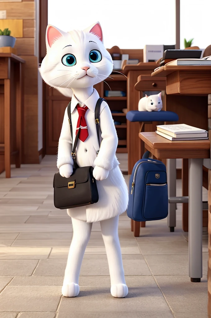 White cat going to school happy 