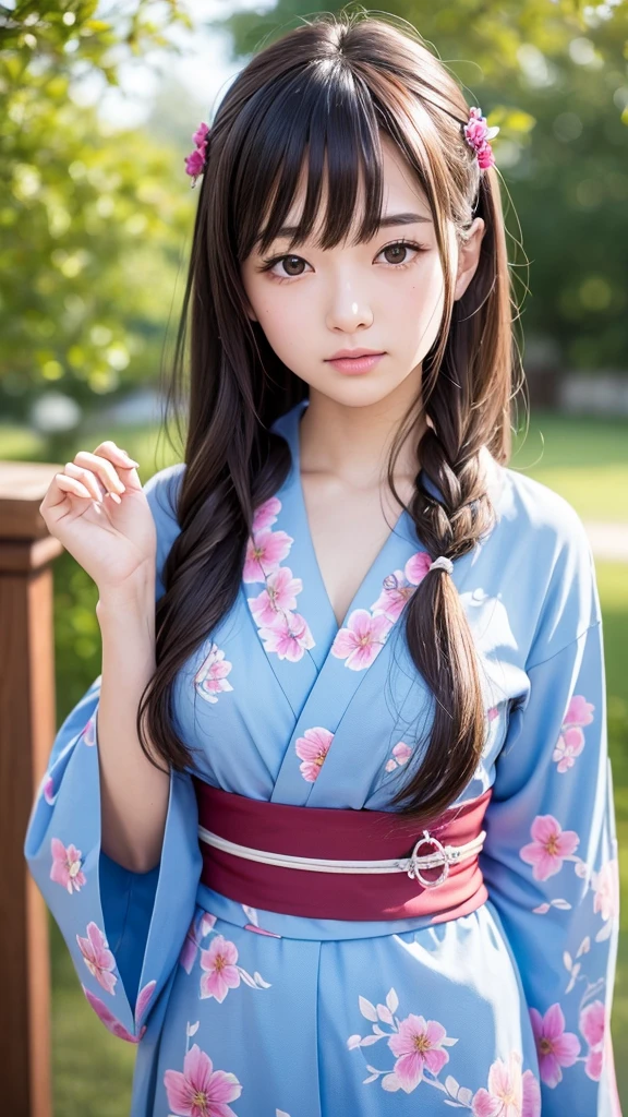 Best quality, masterpiece, ultra-high resolution, 8K, (reality: 1.4), RAW shooting, most detailed face, very detailed and perfect anatomy, live photography; most beautiful face; shining skin; one 18-year-old Japanese.My bangs and eyes are big and cute.It has brown eyes, gentle eyes, long brown hair, a young face, and a large chest.E-cup.
Cosplay, yukata, and hairstyle are dango style, shrines.