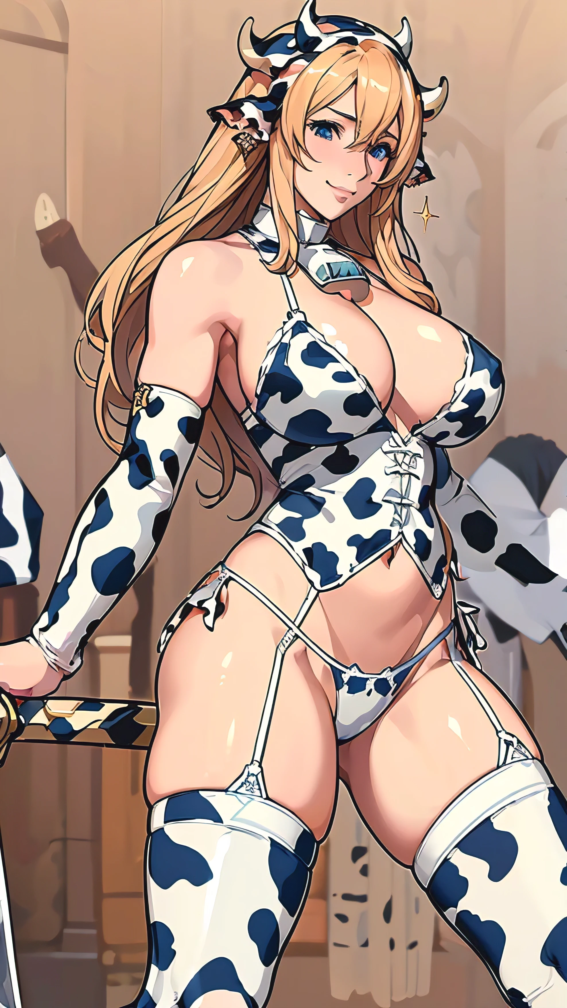 Browsing Caution,Sensual, Long blonde hair, Thick thighs, 8K, 4K, Highest quality, (High resolution:1.6), Cute anime face, Noise Reduction, (Sparkling Blue Eyes, A kind smile:1.3, Kind eyes:1.3)、Toned Abs, Muscular arms, Muscular legs,  Young Face, Anime Eyes, Siggy:1.9、(Sword in right hand:1.5)、(Equipped with a shield on the left arm:1.5)、(SFW Giant:1.9)、(Beautiful Nose:1.5)、Long tights、Knee-high boots、(garter belt:1.5)、Beautiful Hands、Beautiful fingers、(cow print panties:1.8)