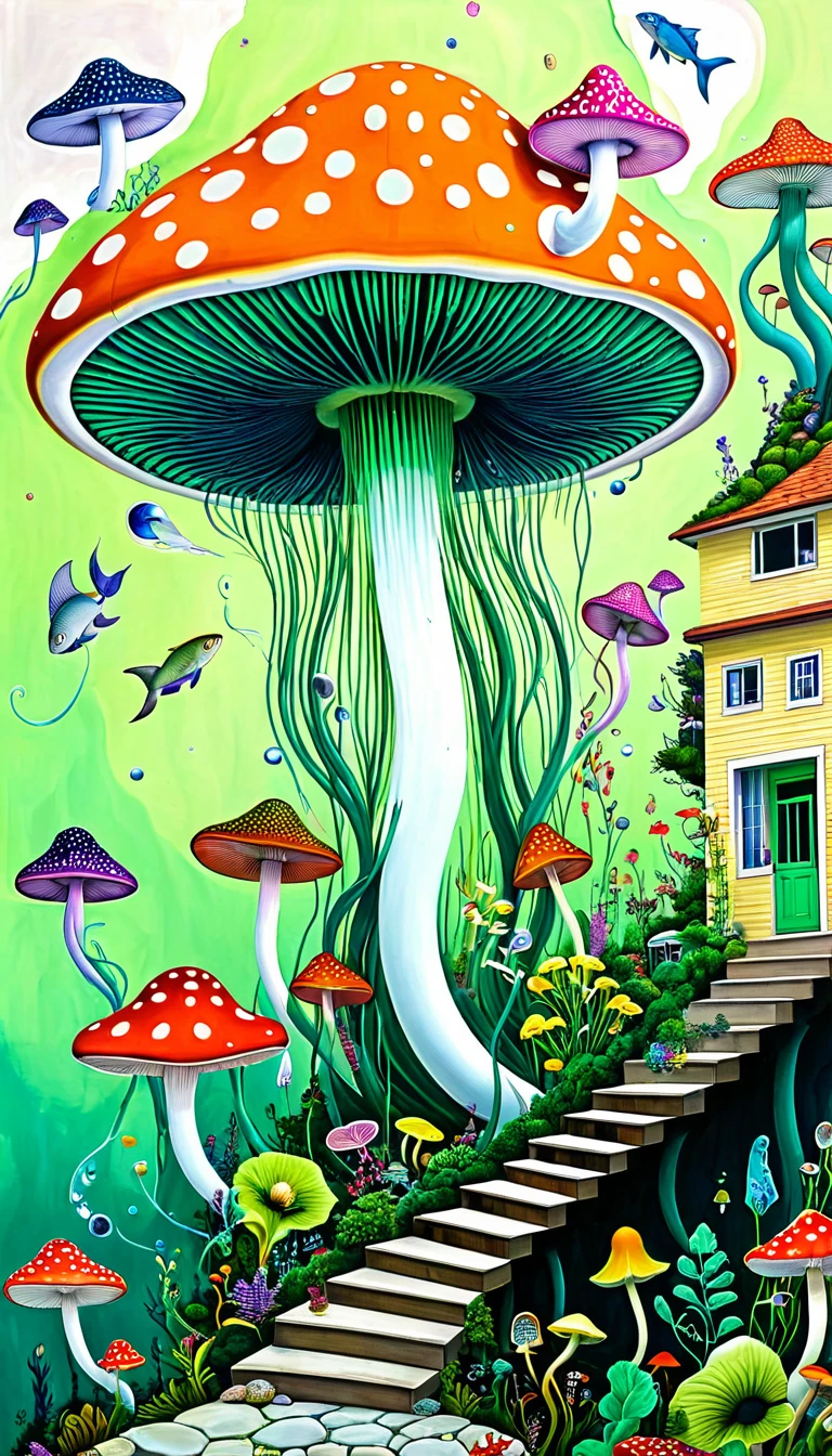 "Dick Ellescas Artist Style",Mushroom UFO,Tentacles瀑布。house、Stairs、fish,Tentacles,bird、Eye、diatom,Stitching together an abstract painting,Describing the inner world of autistic people,Sense of space,White Space,interesting,Innocence,Psychedelic Art,Green Background,Bold contrasts