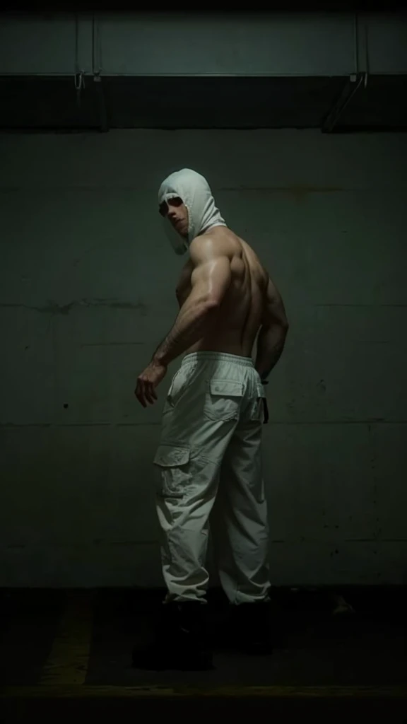 a beautiful handsome naked huge muscular male prisoner with a hairy chest, standing blindfolded with his head in a full mask, full body view, in the corner of an empty darkened room, seen from a low angle