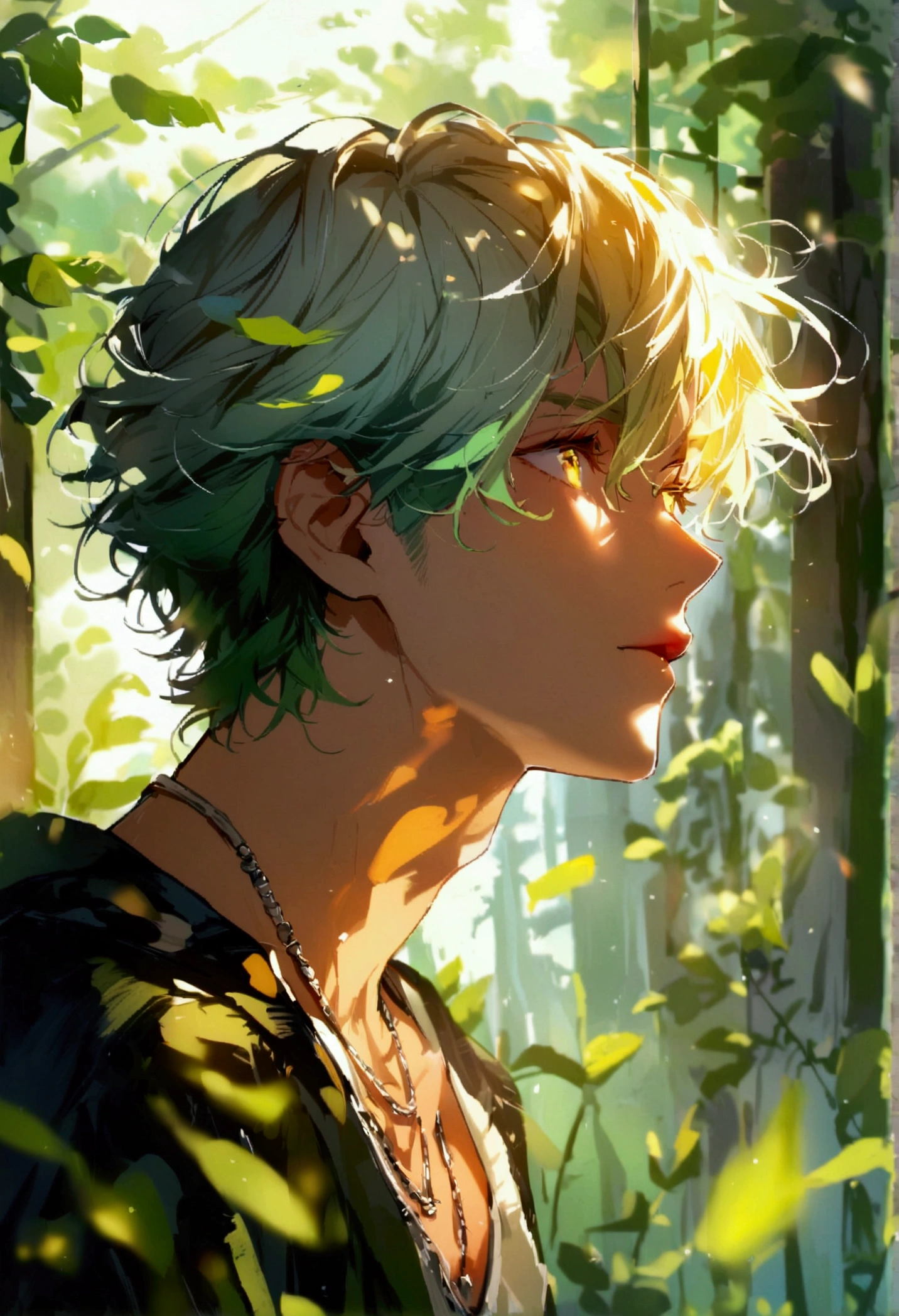 Beautiful youth,One Man,A mix of light blonde and light green hair.,Yellow-green eyes,