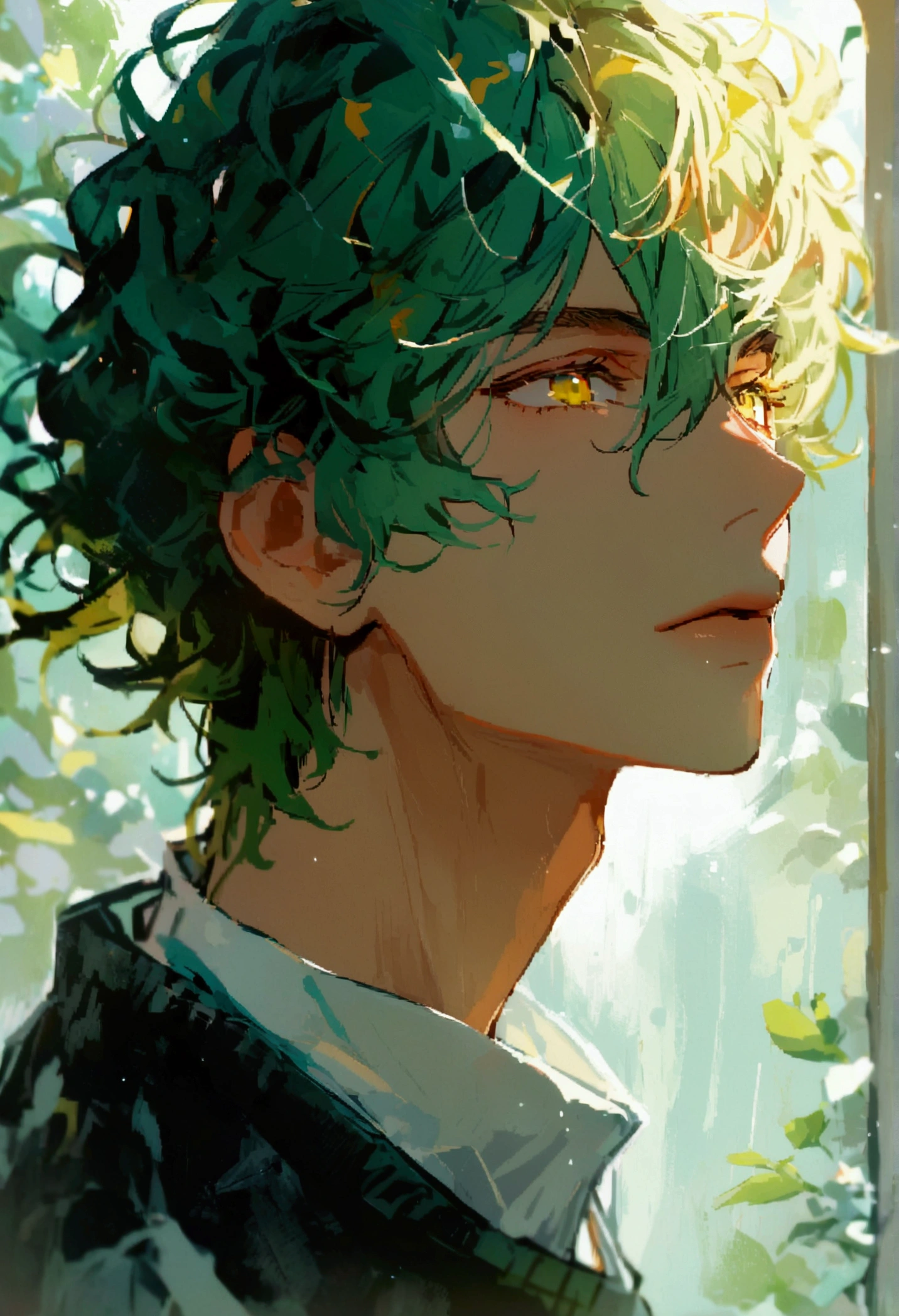 Beautiful youth,One Man,A mix of light blonde and light green hair.,Yellow-green eyes,