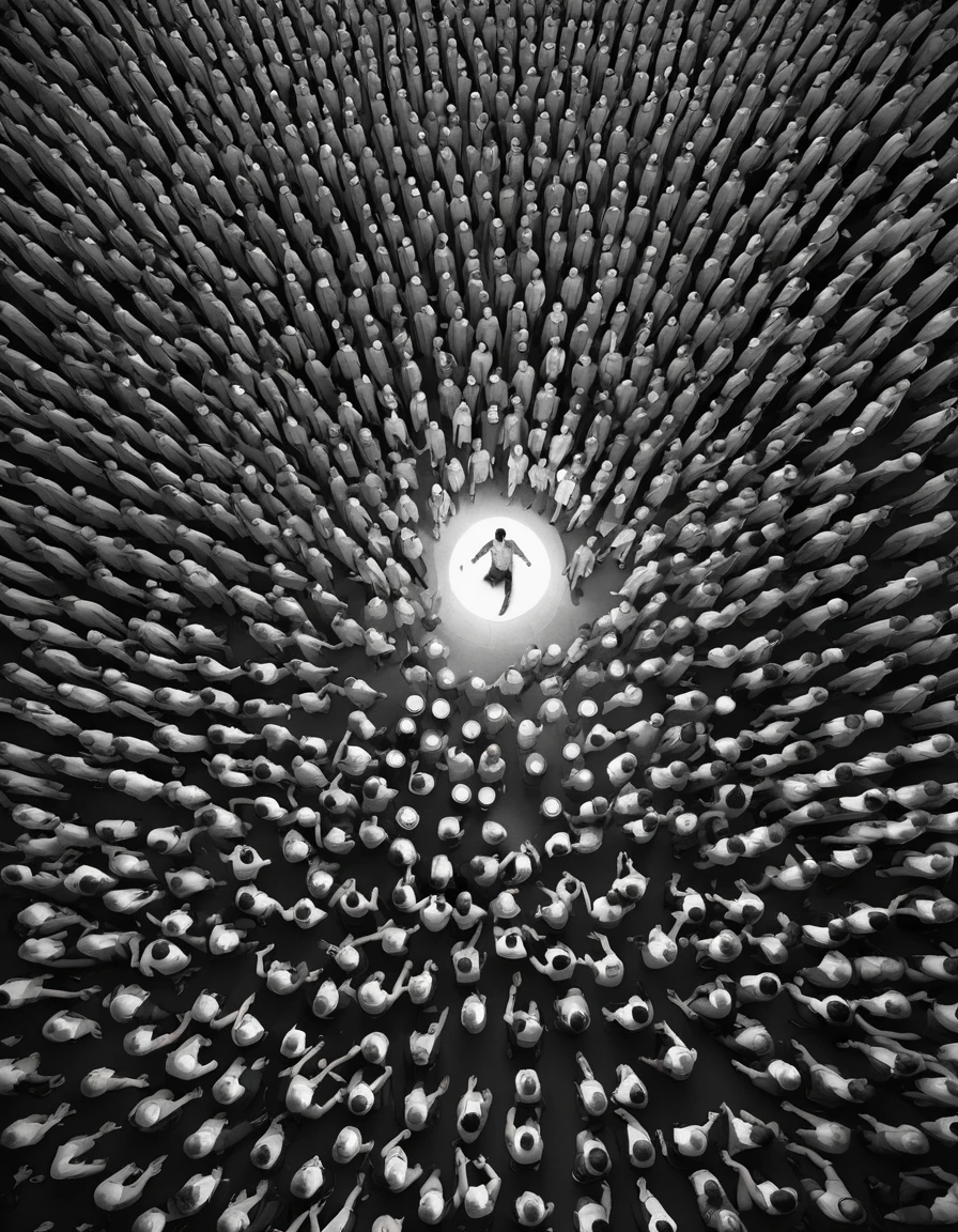 Create a cyberpunk style image of a large crowd seen from above, with one man in the spotlight, levitating from the middle of the crowd, and glowing brightly, featuring (((intricate details))), (((best quality))), (((extremely detailed quality))), and (((complex composition)))." | Related artists: Henri Cartier-Bresson, Robert Capa, Dorothea Lange
