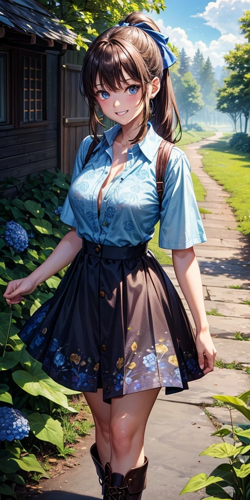 1girl, solo, ful body, rural landscape, stream, trees, sun, clouds, fantasy, hut, mushroom, path, brown hair, ponytail, long hair, large breasts, button down shirt, ((blue floral pattern shirt)), ((short sleeved shirt)), ((unbuttoned shirt)), unbuttoning buttons, cleavage 1:3, blue eyes, dark skirt, brown boots, grin, looking at the viewer, standing, hair ribbon, golden necklate, glowing eyes, parted lips