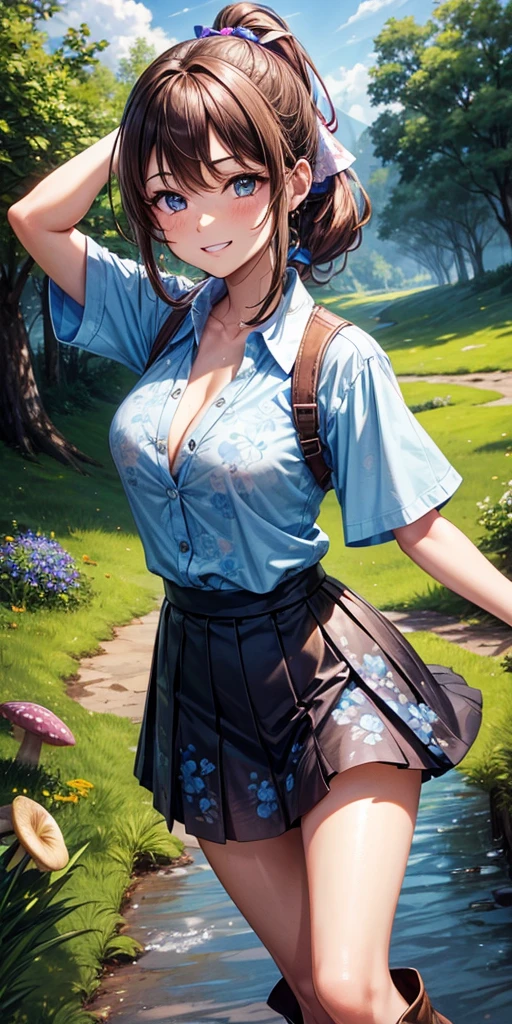 1girl, solo, rural landscape, stream, trees, sun, clouds, fantasy, hut, mushroom, path, brown hair, ponytail, long hair, large breasts, button down shirt, ((blue floral pattern shirt)), ((short sleeved shirt)), ((unbuttoned shirt)), unbuttoning buttons, cleavage 1:3, blue eyes, dark skirt, brown shoes, smile, looking at the viewer, standing, hair ribbon, golden necklate, glowing eyes, parted lips