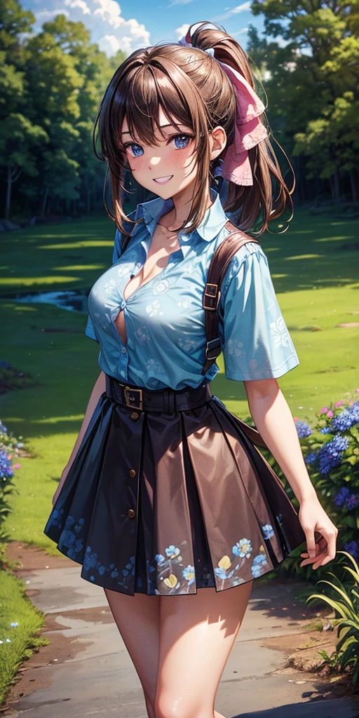 1girl, full body, solo, summer, village, trees, sun, clouds, ((brown hair)), ponytail, large breasts, ((brown vest)), button down shirt, ((white shirt)), ((short sleeved shirt)), ((unbuttoned shirt)), unbuttoning buttons, cleavage 1:3, brown eyes, skirt, smile, looking at the viewer, standing, hair ribbon, golden necklate, shoulder bag