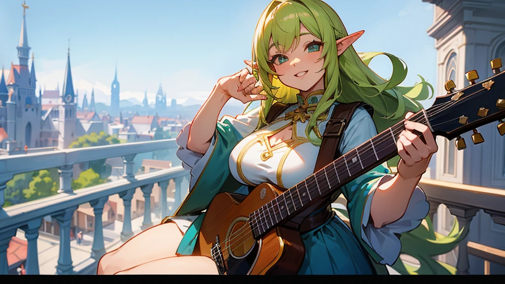 Thick thighs,Anime Style,A detailed background with many people,Magical World,A lively balcony with many people,Smiling bard beautiful elf girl,guitar,Large Breasts