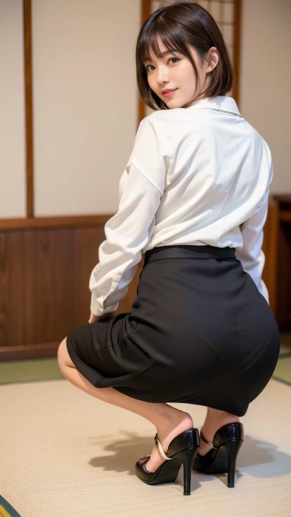 Kimono Asian babe shown from the back side, bare skin, buttocks exposed, deep squat, sitting down, Asian sitting squat, up skirt