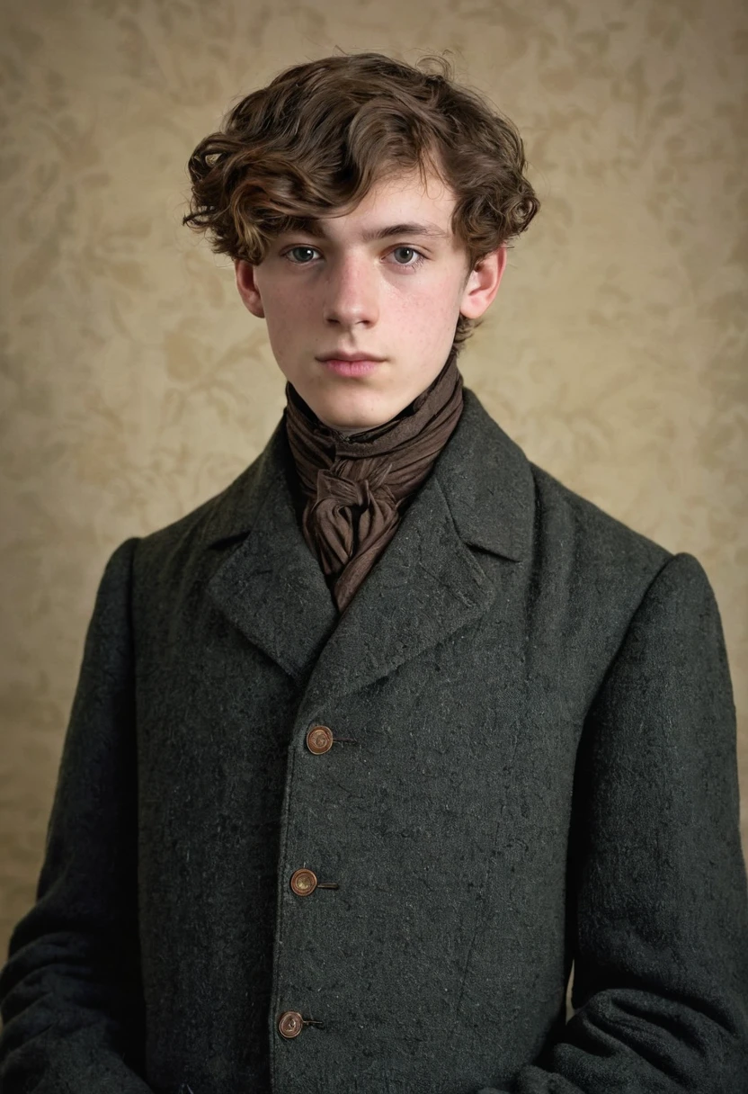 A thin lowborn young man from the victorian age. He is tall. He has broad shoulders. He is 19 years old. He looks nervous and is average looking. He has short brown hair that’s kept in a sidepart, but his hair is also slightly curly on the ends. He is thin and his skin is pale. He is dressed in a winter suit.
