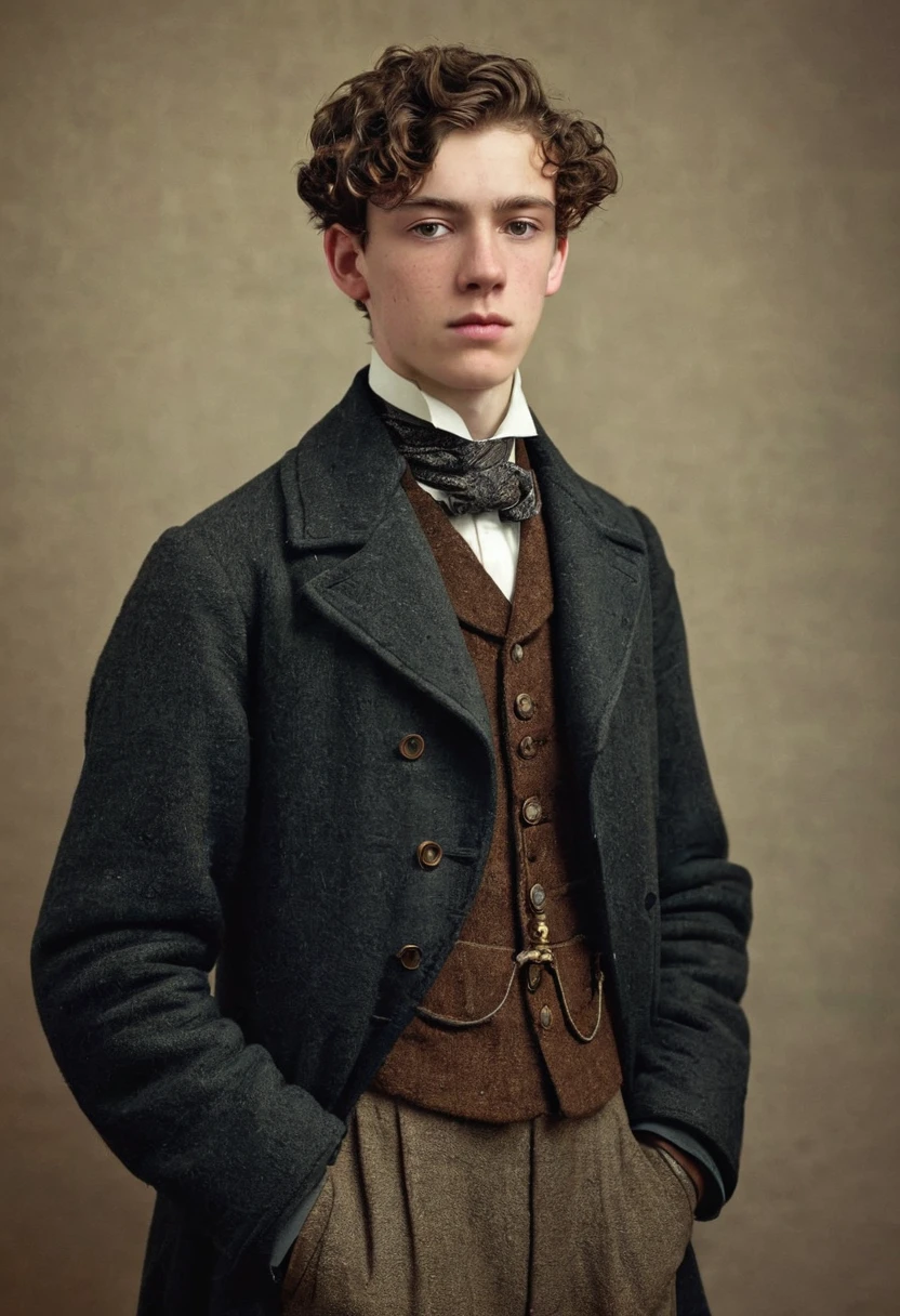 A thin lowborn young man from the victorian age. He is tall. He has broad shoulders. He is 19 years old. He looks nervous and is average looking. He has short brown hair that’s kept in a sidepart, but his hair is also slightly curly on the ends. He is thin and his skin is pale. He is dressed in a winter suit.