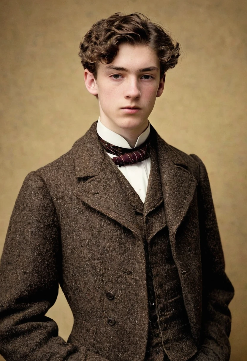 A thin lowborn young man from the victorian age. He is tall. He has broad shoulders. He is 19 years old. He looks nervous and is average looking. He has short brown hair that’s kept in a sidepart, but his hair is also slightly curly on the ends. He is thin and his skin is pale. He is dressed in a winter suit.