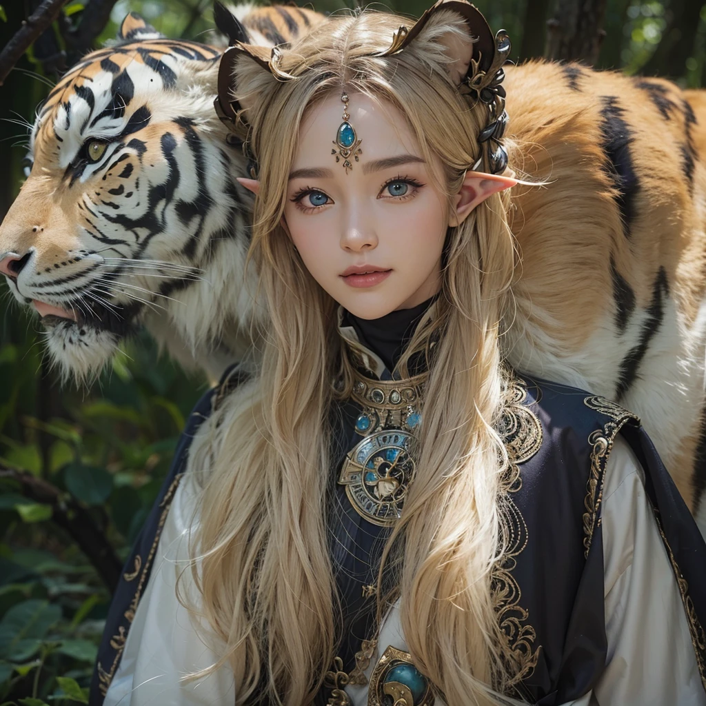 Hair flow、 ((Highest quality、masterpiece、8K、Best image quality、Ultra-high resolution、Award-winning works)、(Accurate anatomy:1.1)、(Look at me and smile:1.1)、Shining fair skin with Ultra-high resolution、The most detailed face、Ultra-high resolution detailed face、Ultra-high resolutionのblond hair、(Ultra-high resolution eye:1.1)、Beautiful face drawn in every detail、Georgian traditional costume , Chest to chest, Strange atmosphere, Next to him stands a real sabre-toothed tiger, Dark Light, in the forest , Heavy makeup、Elf Ears、