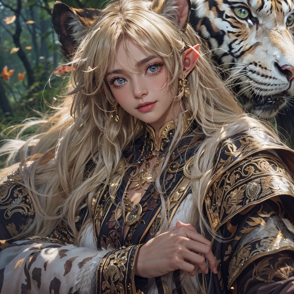 Hair flow、 ((Highest quality、masterpiece、8K、Best image quality、Ultra-high resolution、Award-winning works)、(Accurate anatomy:1.1)、(Look at me and smile:1.1)、Shining fair skin with Ultra-high resolution、The most detailed face、Ultra-high resolution detailed face、Ultra-high resolutionのblond hair、(Ultra-high resolution eye:1.1)、Beautiful face drawn in every detail、Georgian traditional costume , Chest to chest, Strange atmosphere, Next to him stands a real sabre-toothed tiger, Dark Light, in the forest , Heavy makeup、Elf Ears、