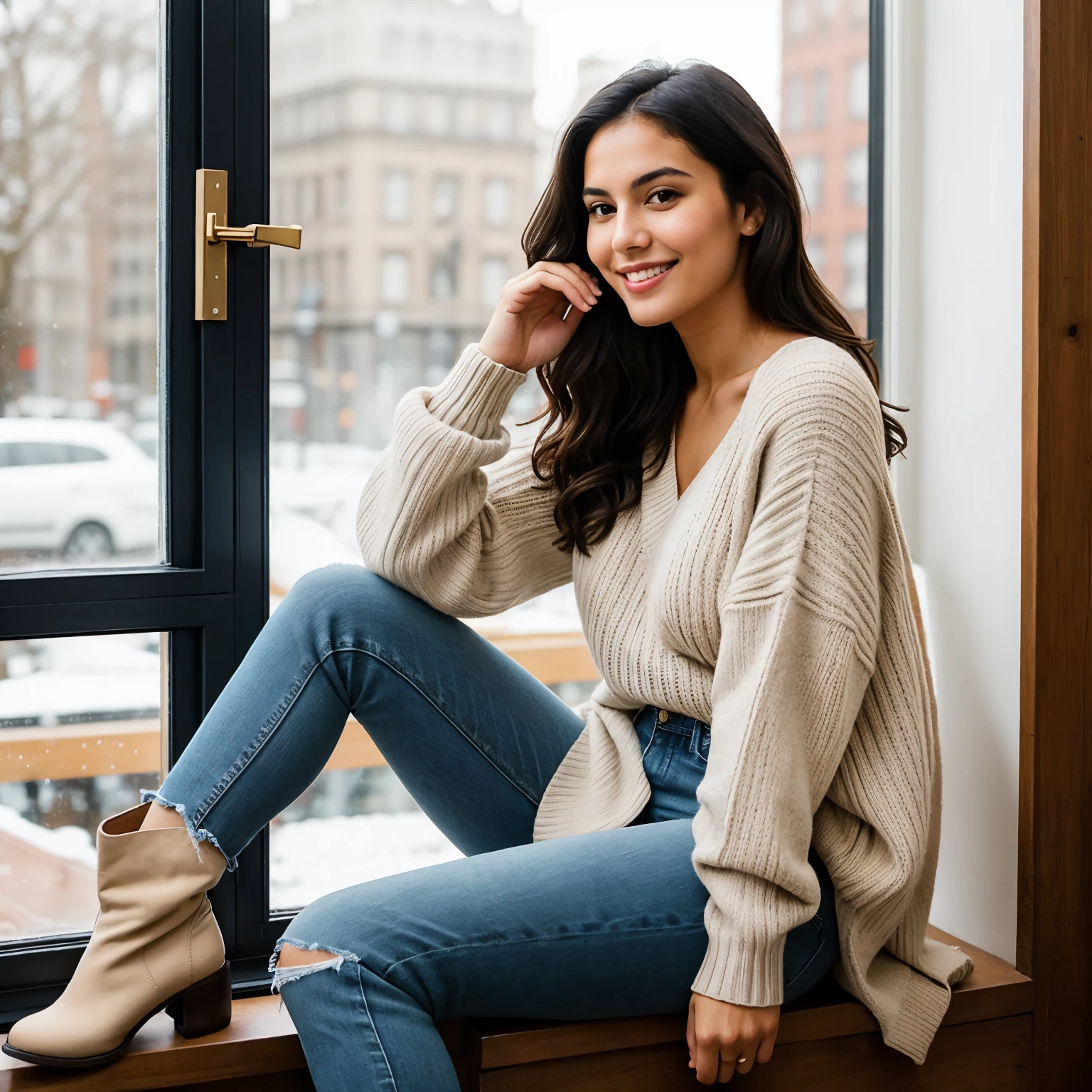 ((best quality)), ((masterpiece)), (detailed), A young a young latin woman with wavy dark hair, flawed skin and a slender body type, she sits by the window, her oversized soft grey chunky knit sweater casually draped over her slender frame, paired effortlessly with navy high-rise ripped jeans and cream ankle boots, sipping on a steaming latte with a serene smile that exudes warmth and casual elegance. perfect face, perfect hands, five fingers,
