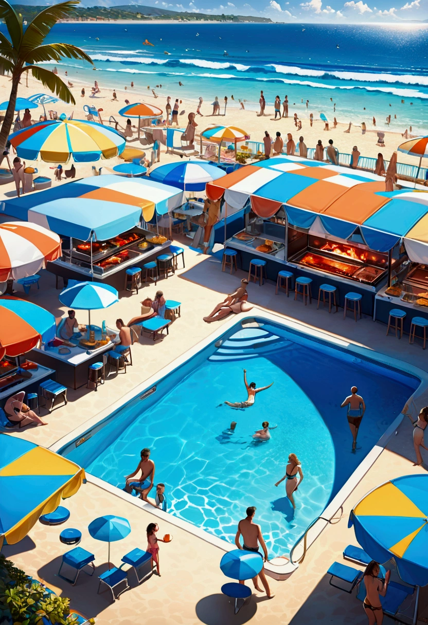 (Pool parties), a lively pool. The blue color of the pool reflects the sunlight, surrounded by colorful beach chairs and umbrellas. People play in the pool, surrounded by barbecue and juice stalls, creating a lively atmosphere. The background is the entire scene of the , full body, (Photography), panoramic view, award-winning, cinematic still, emotional, vignette, dynamic, vivid, (masterpiece, best quality, Professional, perfect composition, very aesthetic, absurdres, ultra-detailed, intricate details:1.3)