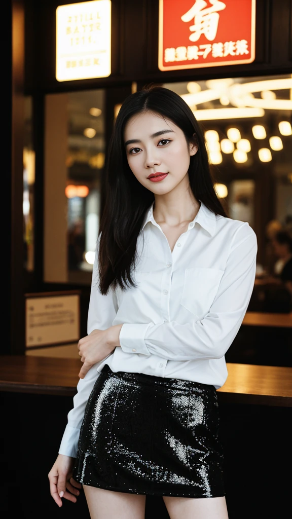 a Chinese woman with beautiful Delicate eyes, Beautiful and delicate lips, Extremely detailed face and skin, Pale skin, 23 years old, black sequined skirt, skirt, high heels, medium long shot, dancing in the dance hall, beautiful lights, sexy figure, long legs, full body portrait. Beautiful photography，Long eyelashes, Good anatomy , Practical skin texture, Delicate eyes, professional, 4K, Wide-angle lens, Optical Depth of Field, Kodak Vision Color, Perfectly proportioned body, Extremely detailed, ultra-photoPractical, Practical, Post-Processing, Maximum details, Roughness, real life, ultra -Practical, Photorealism, photography, 8K Ultra HD, photography