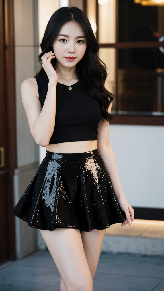 a Chinese woman with beautiful Delicate eyes, Beautiful and delicate lips, Extremely detailed face and skin, Pale skin, 23 years old, black sequined skirt, skirt, high heels, medium long shot, dancing in the dance hall, beautiful lights, sexy figure, long legs, full body portrait. Beautiful photography,Long eyelashes, Good anatomy , Practical skin texture, Delicate eyes, professional, 4K, Wide-angle lens, Optical Depth of Field, Kodak Vision Color, Perfectly proportioned body, Extremely detailed, ultra-photoPractical, Practical, Post-Processing, Maximum details, Roughness, real life, ultra -Practical, Photorealism, photography, 8K Ultra HD, photography