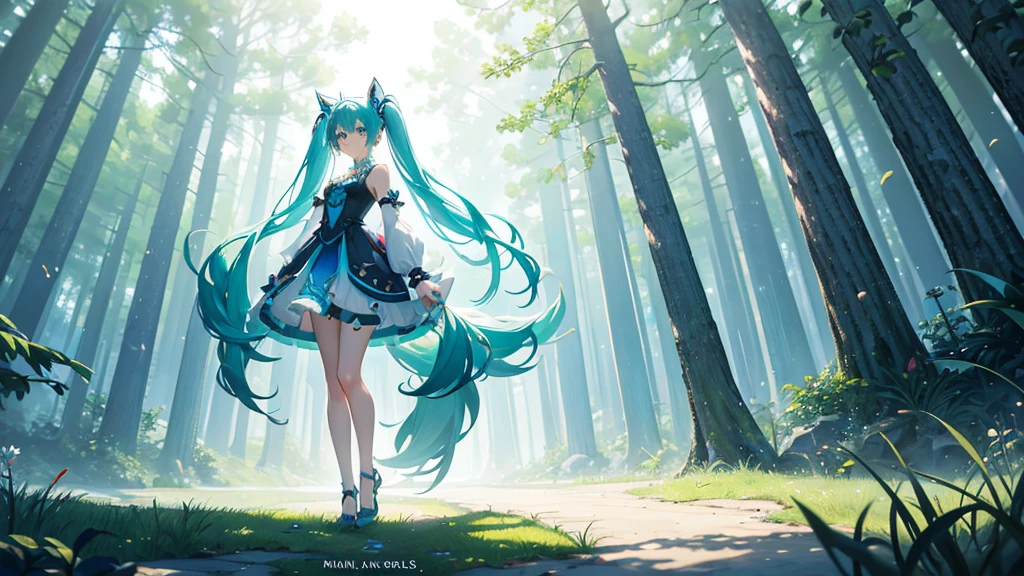 A whimsically enchanting girl, reminiscent of the character Hatsune Miku, stands gracefully beside a majestic fox in a captivatingly mystical forest. The girl, dressed in vibrant shades of aqua and teal, sports long turquoise twin-tails and a magical aura that mirrors the fox's ethereal presence. This narrative-rich scene, possibly a detailed digital painting, immerses the viewer in a thrilling world where fantasy and reality seamlessly intertwine, showcasing the impeccable craftsmanship and artistry of the creator