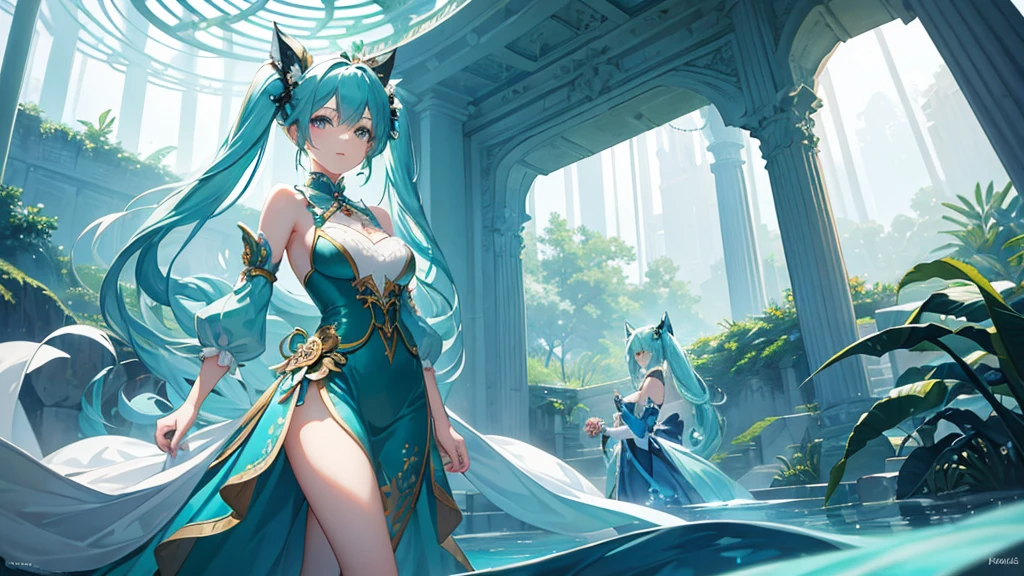 A whimsically enchanting girl, reminiscent of the character Hatsune Miku, stands gracefully beside a majestic fox in a captivatingly mystical forest. The girl, dressed in vibrant shades of aqua and teal, sports long turquoise twin-tails and a magical aura that mirrors the fox's ethereal presence. This narrative-rich scene, possibly a detailed digital painting, immerses the viewer in a thrilling world where fantasy and reality seamlessly intertwine, showcasing the impeccable craftsmanship and artistry of the creator