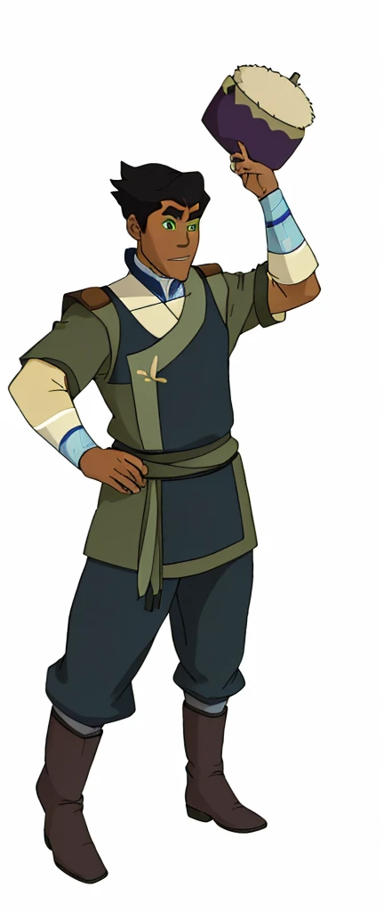 African-American, Bolin, water tribe traditional clothing mixed of blue and purple, with fur in shoulders and neck. Long sleeve, skinny, water tribe outfit. The character is wearing a blue, short-sleeved tunic with gold trim and fastenings down the front and fur collar, and fur on the shoulders. He has on dark purple pants tucked into knee-high boots. A green sash is tied around his waist. The overall style appears to be inspired by traditional East Asian clothing designs.