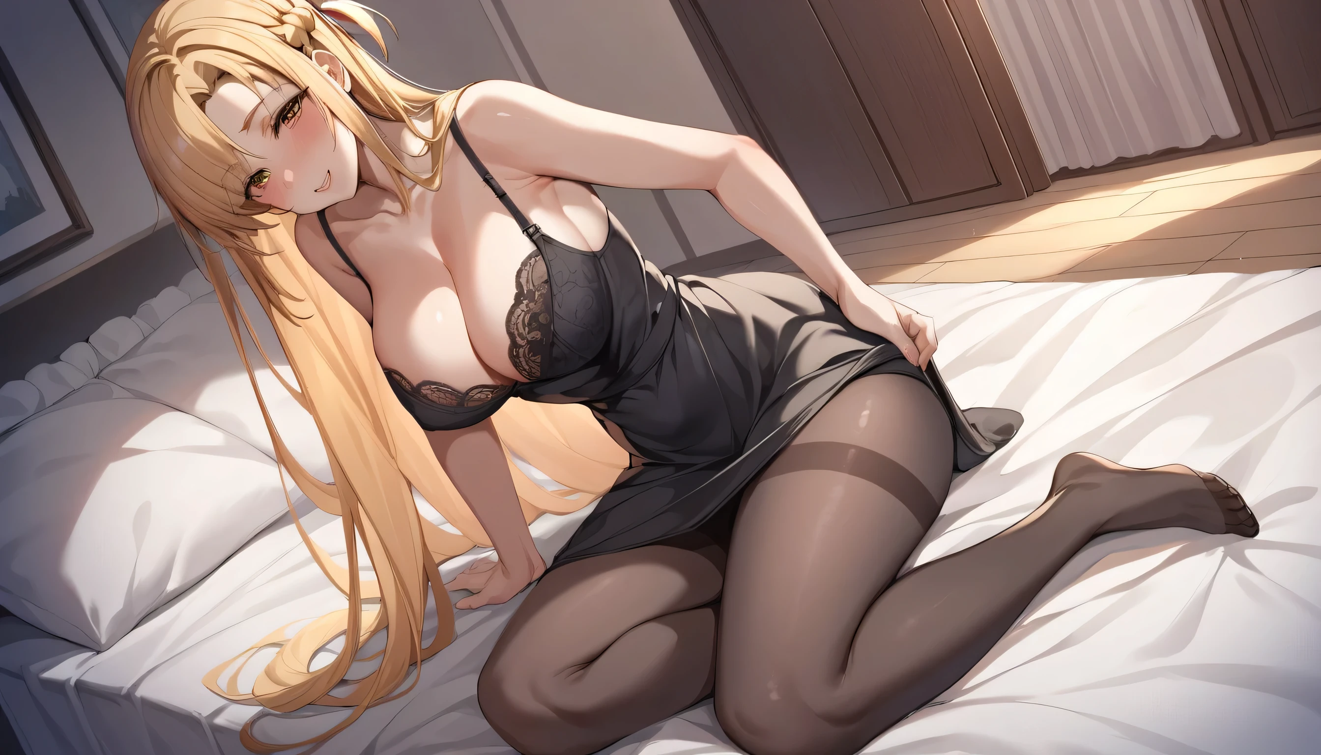 masterpiece, best quality, SimplePositiveXLv2, yuuki asuna, 1girl, solo, long hair, breasts, large breast, curvy, blonde hair, bra, black bra, babdydoll dress, dress, black dress, underwear, pantyhose, blush, looking at viewer, Lifting clothes, See through clothing, Bedroom, mattress