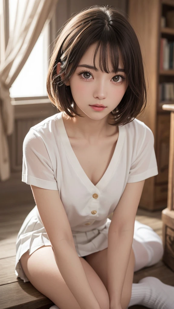One Girl，(1人のとてもcute女の子，Golden Ratio:1.3)，masterpiece，Highest quality，High resolution，From below，whole body，Photorealistic，RAW Photos，Ray Tracing，beautiful girl，(15 years old:1.3)，cute，Big eyes，(detailed pupils:1.2)，(The face is facing forward:1.3)，Cute nose，Beautiful nose，Upturned nose，Fuller lips，Short brown hair，ponytail，short hair，Detailed eyelashes，Thin eyebrows，Very fine grain definition，(Symmetrical eyes:1.3)，(whole bodyショット，Whole body:1.0)，Small breasts，Short neck，Beautiful feet，Slender and slender legs，White socks，Sailor suit，Pleated skirt，loafers，People emerge，Dark Background，Portrait，View Viewer，Lift your chin，A dreamy look，Ecstatic expression，Cinema Lighting，Soft Light，Very detailed