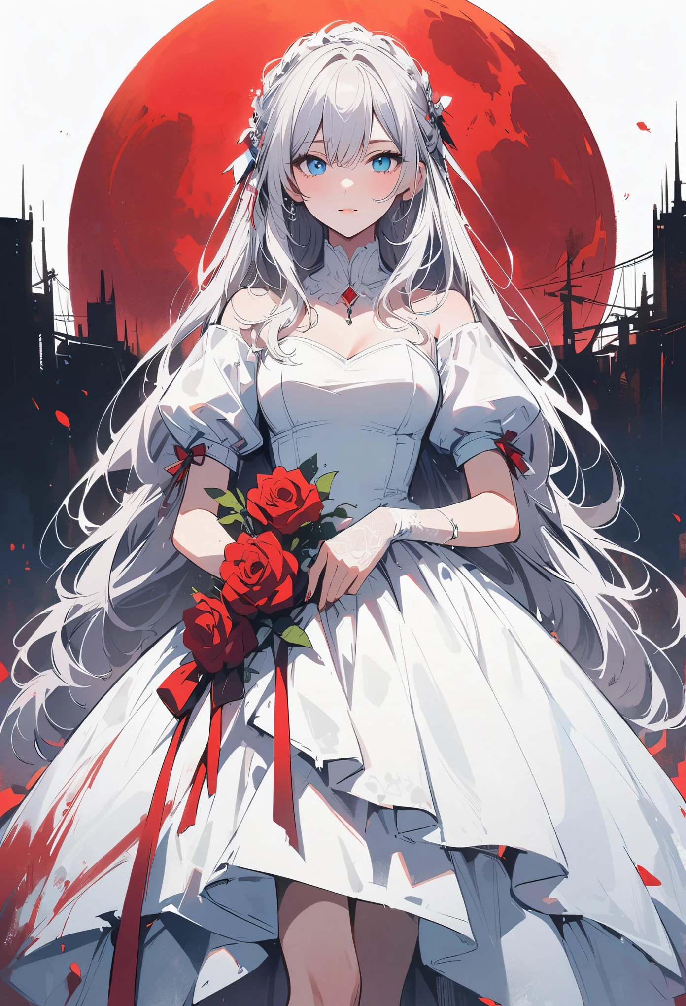Pure white hair,Long hair,girl,Sky blue eyes,(Blood red moon:10),Wearing white clothes,Wedding dress,bride,There are thorns on the clothes,(Wearing red roses:5),(Knife in hand:5),Front view