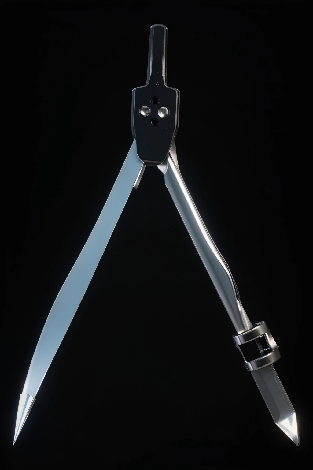 The image features a black metal clamp with a silver spring and a black handle. The clamp is open and has a black strap attached to it. The background is black, and the clamp is the only object in the image, smooth 3d model, glossy plastic texture, multiple light sources, rim light, sharp post effects render, most beautiful vfx, , realistic, 4k, high resolution, rim light, smooth 3d model. ,  glossy texture, smooth 3d model, multiple light sources, rim light, sharp post effects render, (glossy plastic texture with multiple big light probe refractions), perfect cgi,   reflective, best quality, 4k, masterpiece:1.2, ultra-detailed, realistic, vivid colors, The image of the highest quality, ensuring every detail showcased perfectly. It in 4k resolution, allowing viewers to immerse themselves in the richness of the colors and intricate details. The realistic rendering. under the spotlight, reflecting, high-resolution image, realistic rendering