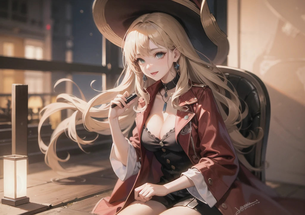 Realistic photos, Focus distance 10mm, A big smile, Curly blonde hair, Beautiful girl, Realistic photos, Focus distance 10mmで撮影, masterpiece, 最high quality, high quality, Very detailed CG 8k wallpaper unit, Award-winning photography, Bokeh, Depth of written boundary, High resolution, bloom, chromatic aberration, Realistic, Very detailed, Art Station Trends, CGsociety Trends, Complex, High detail, dramatic, Art on the go, volumetric lighting, Final Fantasy style beautiful girl、Green Eyes、Long wavy blue hair、pirate ship