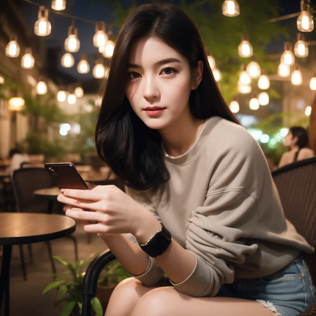 A beautiful woman aged 20 years, long hair, black, full body, use , jacket levis, Wear casual clothes, was sitting on a cafe chair, holding an iPhone, decorated with cafe lights, looking forward, faint smile, cafe courtyard background, in the evening, very detailed 8k