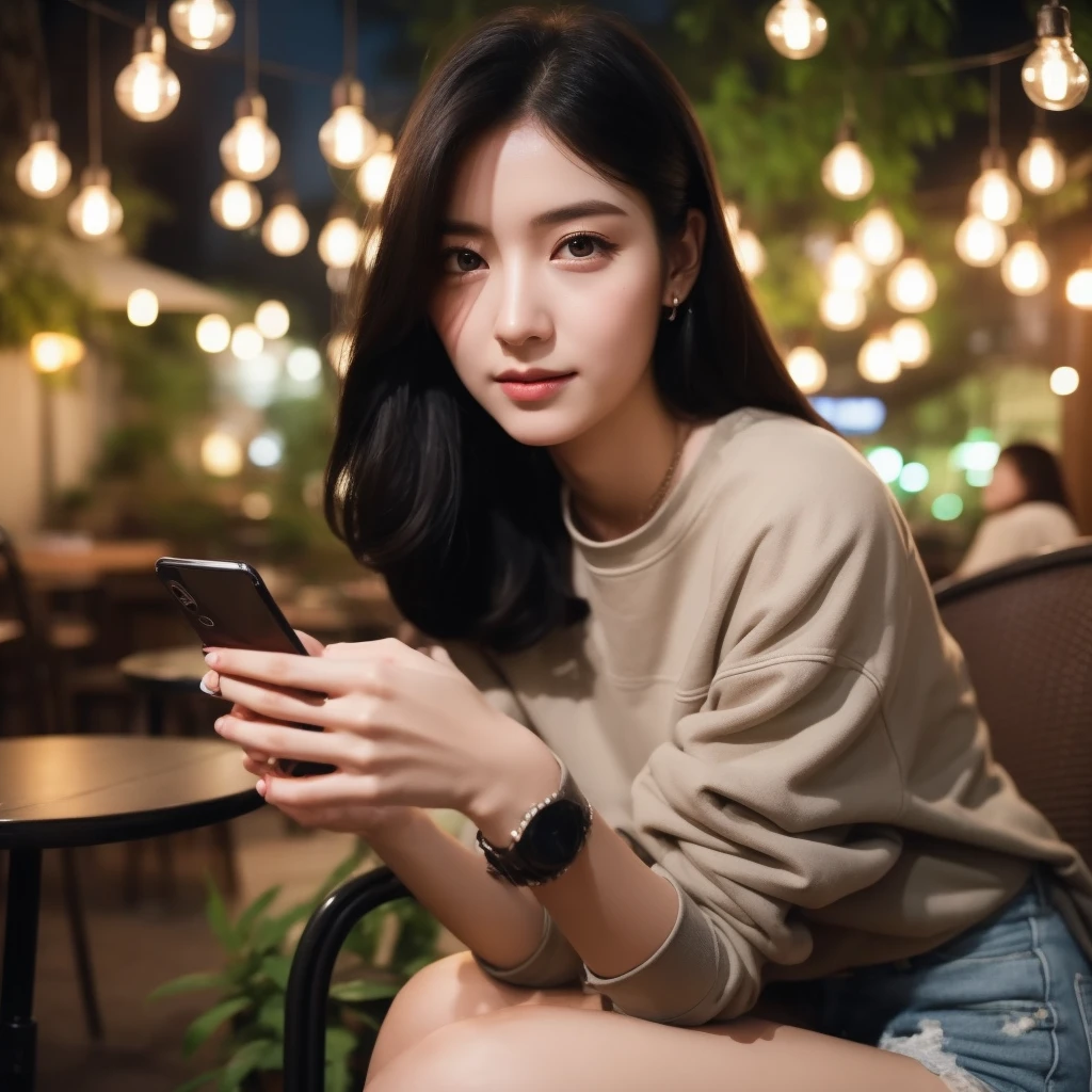 A beautiful woman aged 20 years, long hair, black, full body, use , jacket levis, Wear casual clothes, was sitting on a cafe chair, holding an iPhone, decorated with cafe lights, looking forward, faint smile, cafe courtyard background, in the evening, very detailed 8k