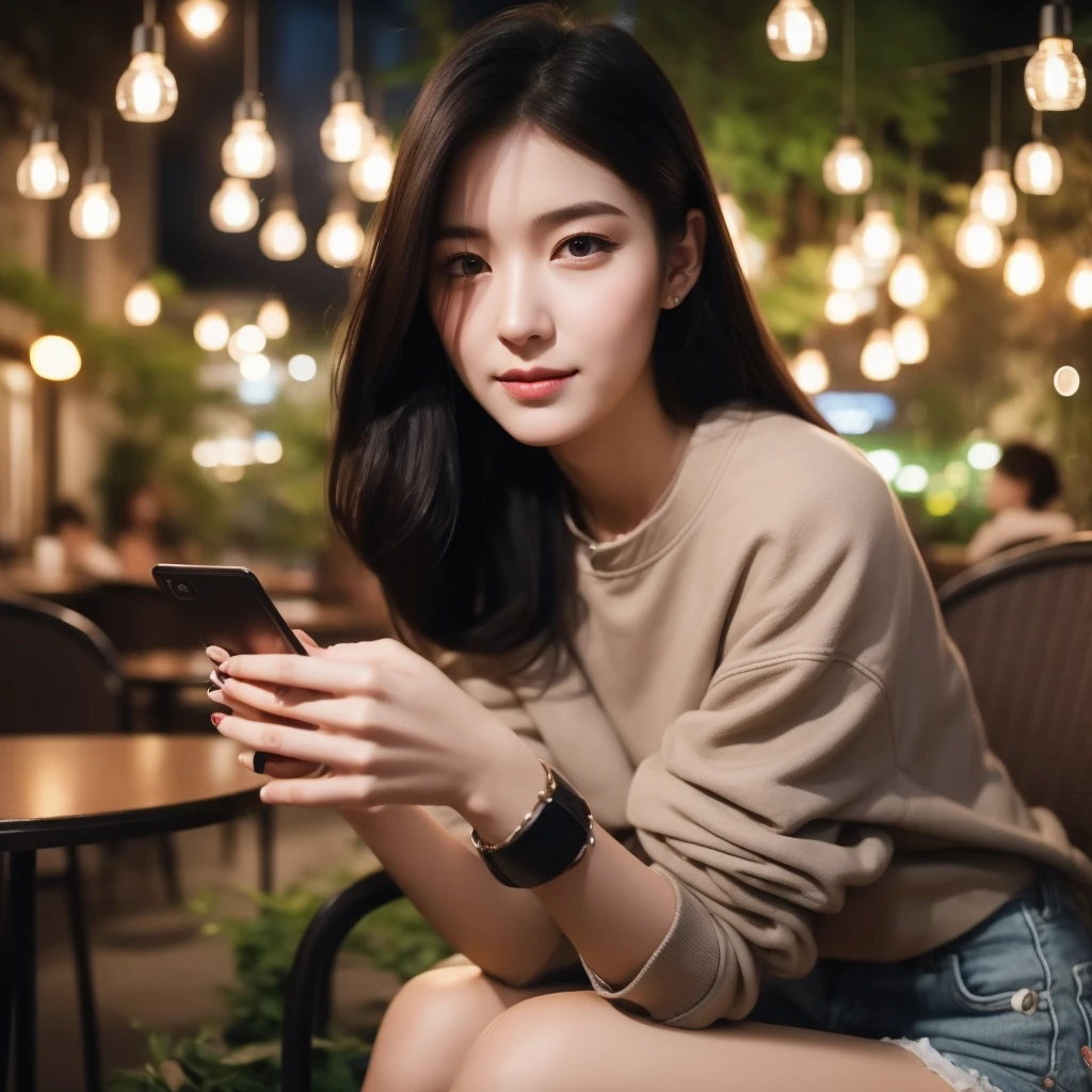 A beautiful woman aged 20 years, long hair, black, full body, use , jacket levis, Wear casual clothes, was sitting on a cafe chair, holding an iPhone, decorated with cafe lights, looking forward, faint smile, cafe courtyard background, in the evening, very detailed 8k
