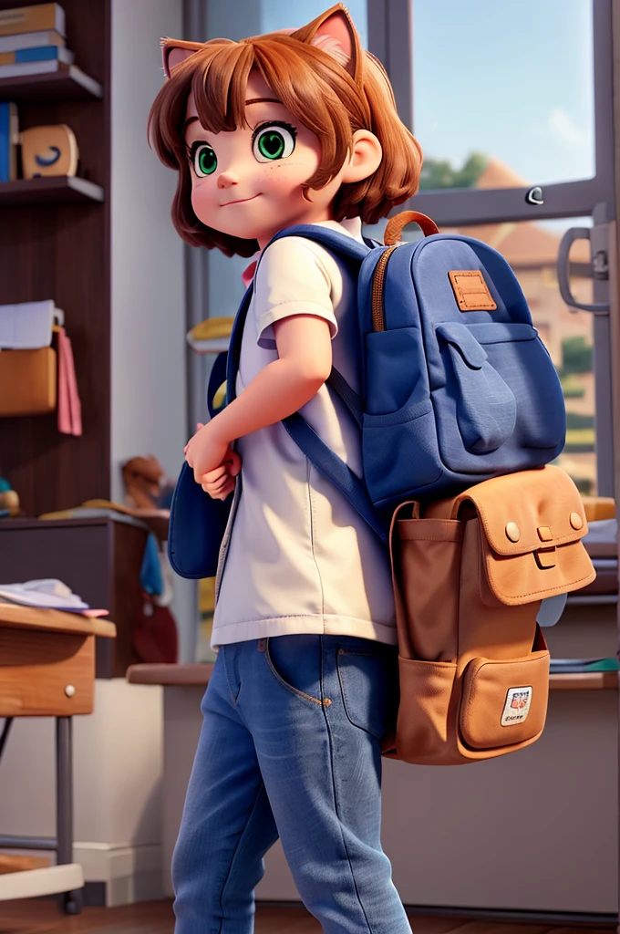 Kitten going to school with backpack on back