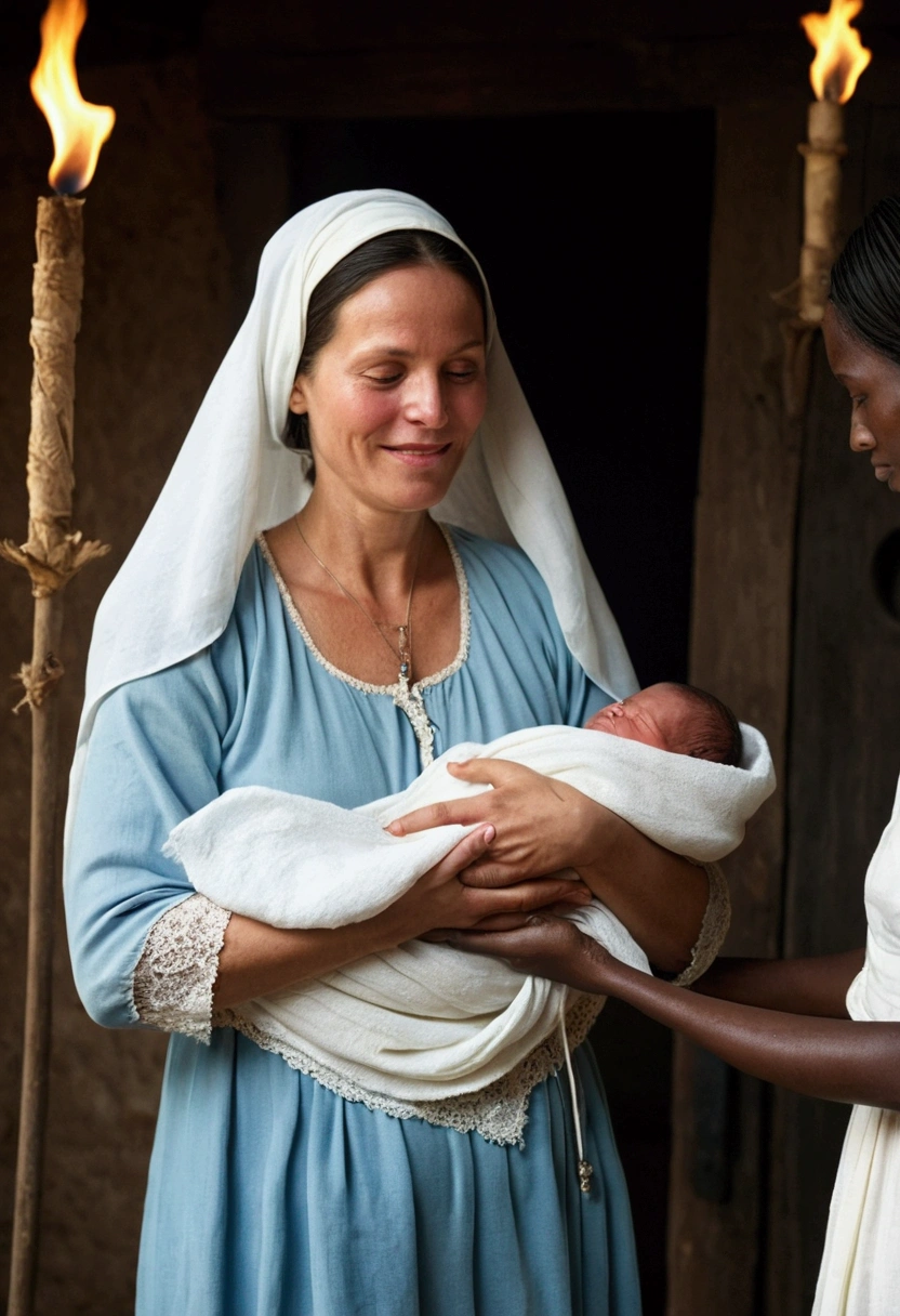 In the humble stable, in the dim light of torches and moonlight, Maria is born in a simple and welcoming environment. Joseph, her adoptive father, is next to Mary, holding her tenderly in his arms. Around, three women dressed in simple tunics and veils, smiling with tears in their eyes, watch the birth with reverence and joy. One of them, an elderly midwife, holds a clean cloth to wrap the baby. The fifth person present is a village prince, also dressed in traditional costume of the time, who murmurs a silent victory as he observes the sacred moment. In the air, there is a feeling of peace and reverence, as Mary is welcomed with love by those around her, marking the beginning of a life destined for great things.