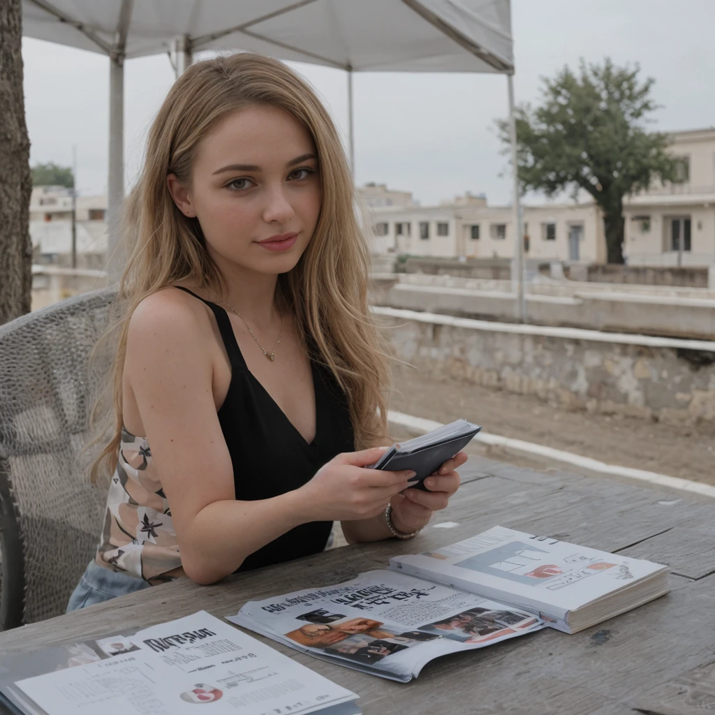 Une fille blonde avec un très joli corps fin et une jolie poitrine, en train de lire un livre sur une terrasse ensoleillée, éclairage parfait, bijoux, se maquiller, 24mm, textures 4k, regarder le spectateur, établir un contact visuel, ultra réaliste, 8k, reflex numérique.