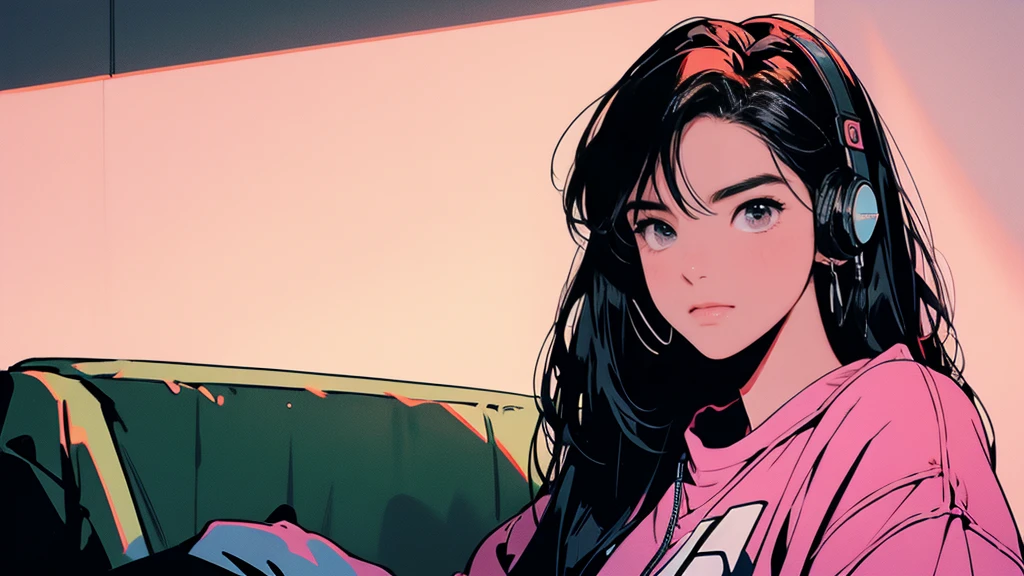 lofi, Battle DJ girl in HIPHOP fashion wearing DJ headphones, High resolution,Super detailed,Realistic,Portraiture,White women,18-year-old,Black Hair, bangs,Hazel Iris,Toned Up,Physically slim,Realistic proportions,Anatomically correct,university student,smile, Pink Cheeks; Intimate distance,Dark soft lighting,hiphop girl,Neon Hair,Textured Trim, (masterpiece,Highest quality),