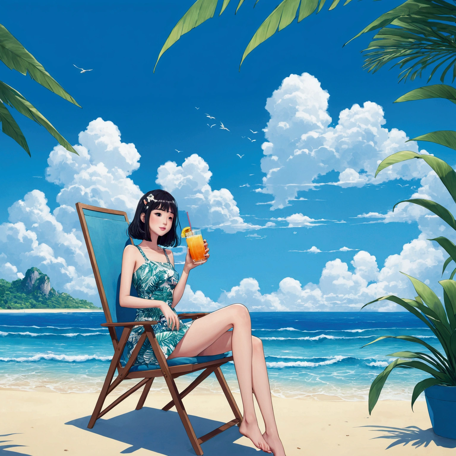 There is a woman sitting on a chair under an umbrella on the beach, Relax on the beachしている, Sunny day at the beach, Relax on the beach, it's Relax on the beachしている, Relax on the beach, Yellow parasol, On the sunny beach, beach vibes, Sunbathing on the beach, By Matthias Weischer, On a sunny day, Woman on the beach