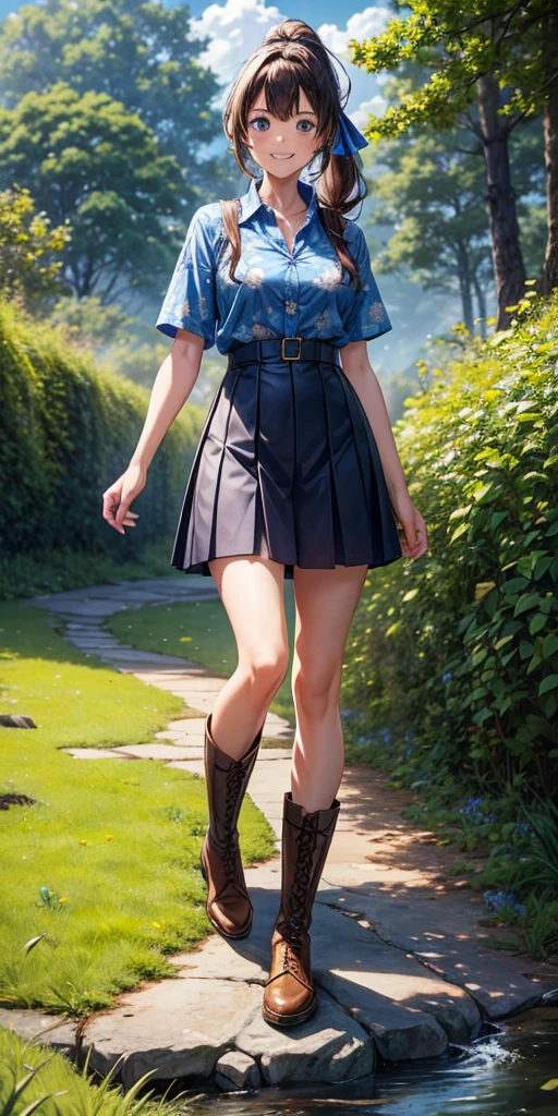 1girl, solo, ((full body)), rural landscape, stream, trees, sun, clouds, fantasy, hut, mushroom, path, brown hair, ponytail, long hair, large breasts, button down shirt, ((blue floral pattern shirt)), ((short sleeved shirt)), ((unbuttoned shirt)), unbuttoning buttons, cleavage 1:3, blue eyes, dark skirt, brown boots, grin, looking at the viewer, standing, hair ribbon, golden necklate