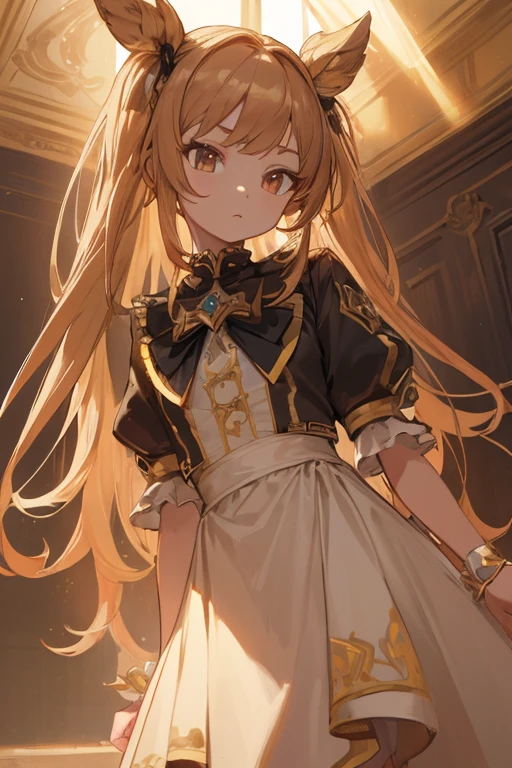Highest quality, masterpiece, 1 Girl, Beautiful Face, Rim Light, (Skin with attention to detail:1.2), 8K  UHD, A brown-eyed aristocratic girl with long golden twin tails、Glamorous Dress、arrogant attitude、Fantasy World、Magic Academy Student, pretty girl, Short skirt,