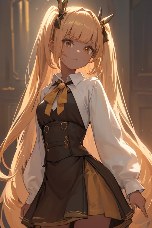 Highest quality, masterpiece, 1 Girl, Beautiful Face, Rim Light, (Skin with attention to detail:1.2), 8K UHD, A brown-eyed aristocratic girl with long golden twin tails、Glamorous Dress、arrogant attitude、Fantasy World、Magic Academy Student, pretty girl, Short skirt,