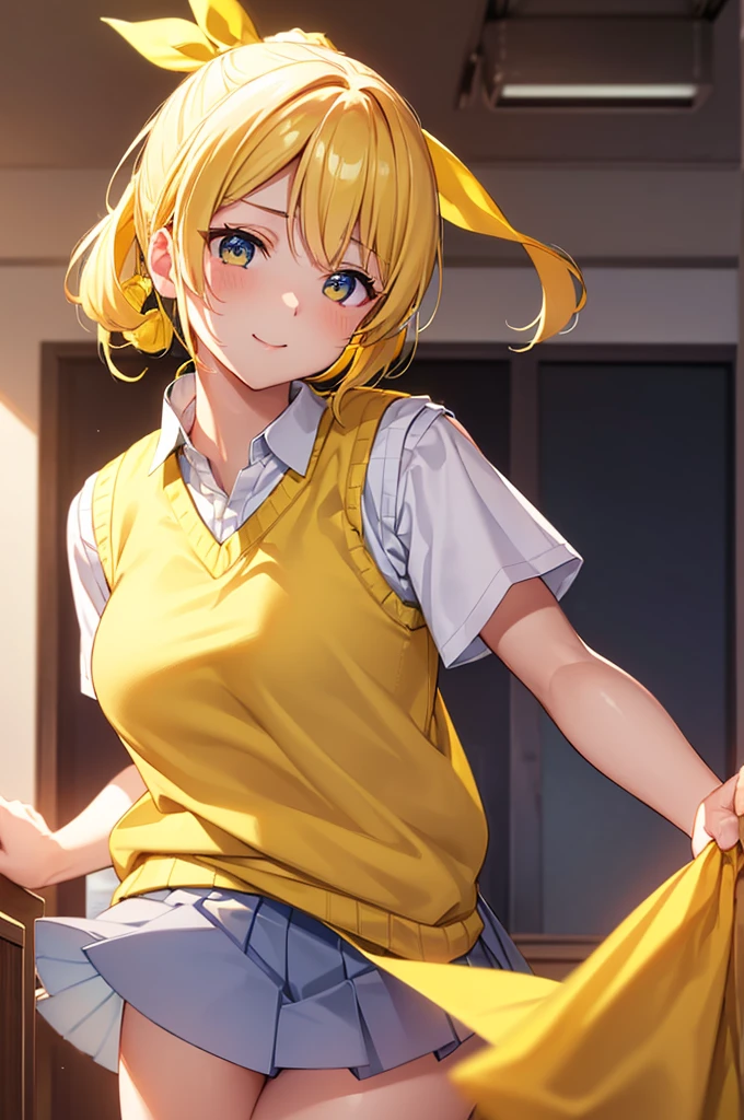 Eri Aase, catalyst, Yellow Hair, blue eyes, ponytail, Hair Ribbon, break otonokizaka , pleated skirt, Large green ribbon tie, Short sleeve, skirt, Summer clothes, Sweater vest, (yellow Sweater vest:1.5), break looking at viewer, break indoors, classroom, break (masterpiece:1.2), Highest quality, High resolution, unity 8k wallpaper, (figure:0.8), (Beautiful attention to detail:1.6), (Perfect hands, Perfect Anatomy), Highly detailed face, Perfect lighting, Highly detailed CG, (Perfect hands, Perfect Anatomy), , (3D Face:1.1), (Shiny skin:1.5), (超High resolution intricate face details), (Facial skin pores:1.3), 超High resolution cloth texture, Big smile、Blushing、Open your mouth, Showing off her perfect legs